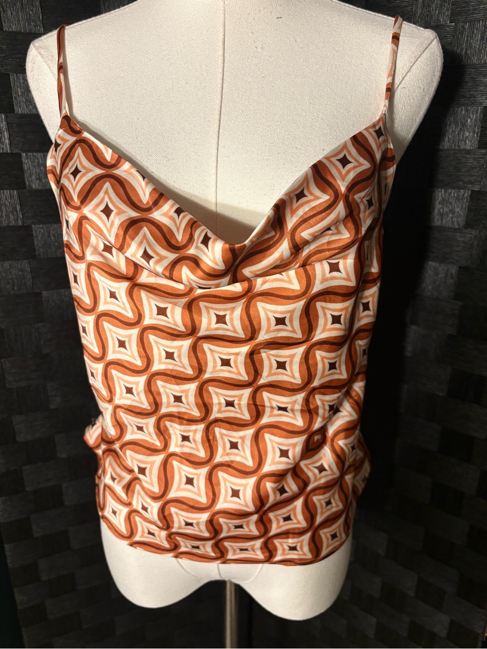 O.L.M. Retro Geometric Wave Cowl Neck Cami Satin Tank Top Orange Brown Cream